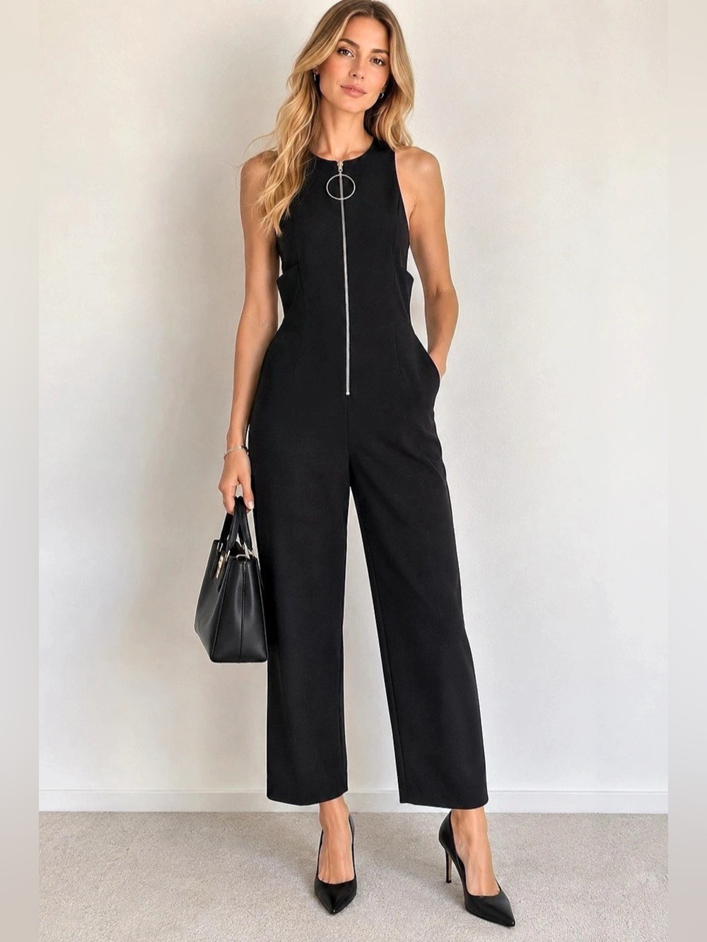 Zara Woman Black Wide Leg Jumpsuit Ring Pull Front Zip Size S